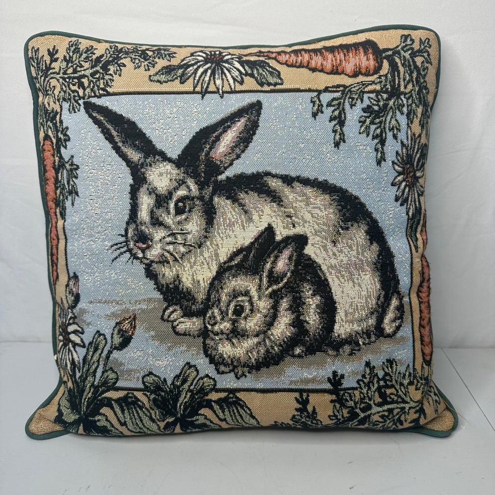 Woven Tapestry Rabbit Pillow Vintage Style Bunny Carrots 16x16 Square By Fashion